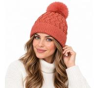 Hamishkane® Bonnet thermique doublé de fourrure pour femme, bonnet tricoté | Bonnet à pompons en zigzag avec détails en strass pour femme, chapeau d'hiver isolé pour femme, bonnet noir, taille unique