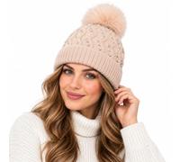 Hamishkane® Bonnet thermique doublé de fourrure pour femme, bonnet tricoté | Bonnet à pompons en zigzag avec détails en strass pour femme, chapeau d'hiver isolé pour femme, bonnet noir, taille unique