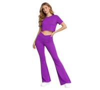 Hamishkane Ensemble de yoga 2 pièces pour femme, leggings de sport bootcut pour femme, t-shirt court à manches courtes avec pantalon évasé, ensemble complet de vêtements de sport, violet, S