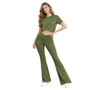 Hamishkane Ensemble de yoga 2 pièces pour femme, leggings de sport bootcut pour femme, t-shirt court à manches courtes avec pantalon évasé, ensemble complet de vêtements de sport, kaki, S