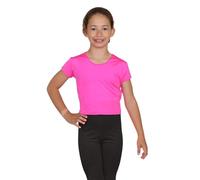 Hamishkane® T-shirt d'été extensible à manches courtes et col rond pour enfants, t-shirt court décontracté en microfibre pour la course à pied, le yoga, pour filles de 3 à 13 ans, rose fluorescent,