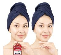 Hammetex Lot de 2 Serviettes pour Cheveux avec Bouton, 100% Coton, Séchage Rapide, Absorbant, Certifiées Oeko-TEX, Bleu Foncé