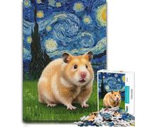 Hamster in Starry Night Style Puzzle Adulte 500 pièces, en Bois | Présent de Noël pour passionné avec activité à partager en famille pendant le temps libre.