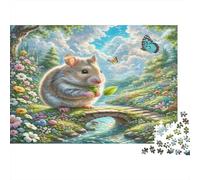 Hamster Roborovski Carton Hamster sur Pont de Pierre avec Fleurs et Papillon Puzzle Premium pour Seniors Entraînement cérébral 70x50cm/1000 pièces