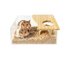 Hamster Sand Bath Container - Small Pet Dust Bath House for Daily Grooming | Acrylic Viewing Panels with Wooden Frame Structure, Activity Shelter for Hamster Gerbil Exploring Hiding Resting, 20×15×8cm