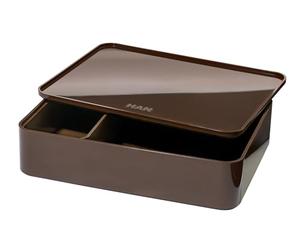 HAN Allison 1110-42 Boîte à ustensiles avec coque intérieure et couvercle/plateau de service, empilable, pour bureau, salle de bain, cuisine, pieds en caoutchouc qui protègent les meubles Marron