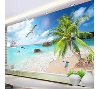 HAN MAN XIU Fresque autocollante en PVC Fond de papier peint 3D plage Voile Paysage intérieur Décor mural autocollant Chambre Peinture murale salon
