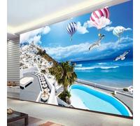 HAN MAN XIU Fresque autocollante en PVC papier peint 3D Belle ballon-air avec vue sur la mer Fond intérieur Autocollant mural Chambre Salon Peinture murale