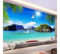 HAN MAN XIU Fresques autocollantes en PVC Fond papier peint 3D Île Ciel bleu Nuages Paysage marin intérieur Décor mural Autocollant d’art mural Chambre Salon Peinture murale