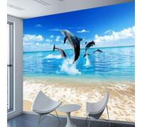 HAN MAN XIU Fresques autocollantes en PVC Wallpapers 3D Ocean Beach Dolphins Arrière-plan intérieur Autocollants d’art mural Chambre salon Peintures murales