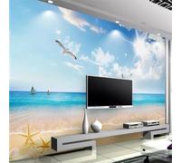 HAN MAN XIU Murale autocollante en PVC papier peint 3D ciel bleu nuages blancs plage sur la mer avec vue intérieure sur fond d’art mural autocollant chambre salon peinture murale