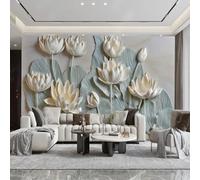 HAN MAN XIU Papier peint mural 3D peinture murale en relief de lotus bleu clair papier peint décoratif pour salon et chambre à coucher