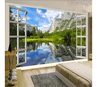 HAN MAN XIU Papier peint mural 3D représentant un paysage naturel de lacs et de montagnes visible par la fenêtre un revêtement mural décoratif pour le salon et la chambre