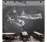 HAN MAN XIU Papier peint mural autocollant en PVC décoration murale 3D créative représentant un avion vintage en noir et blanc pour le salon, le canapé et la chambre à coucher