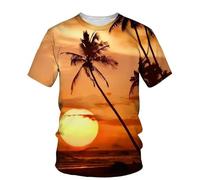 HAN MAN XIU T-Shirt imprimé en 3D avec Motif de cocotiers au Coucher du Soleil pour Hommes et Femmes, à col Rond et Manches Courtes, pour l'été et Les activités de Plein air