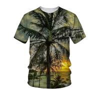 HAN MAN XIU T-Shirt imprimé en 3D avec Motif de cocotiers au Coucher du Soleil, pour Hommes et Femmes, à Manches Courtes et col Rond, pour l'été et Les activités de Plein air