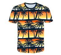 HAN MAN XIU T-Shirt imprimé en 3D avec Motif de cocotiers au Coucher du Soleil pour Hommes et Femmes, à col Rond et Manches Courtes, pour l'été et Les activités de Plein air