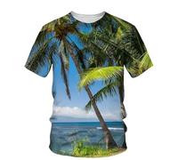 HAN MAN XIU T-Shirt imprimé en 3D avec Motif de cocotiers au Coucher du Soleil, pour Hommes et Femmes, à Manches Cour