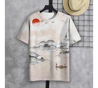 HAN MAN XIU T-Shirt imprimé en 3D avec Motif Paysage Chinois pour Hommes et Femmes, Style rétro, col Rond, Manches Courtes