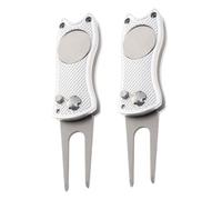 HANABASS 2 pièces Fourche Pliable Alliage Aluminium pour Réparation de Pitch Outil et pour Amateurs Kit de Réparation Divot avec Marqueur de Balle Intégré Lot de Argentées