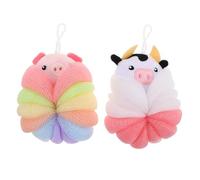 HANABASS 2pcs Éponges de Bain pour Garçon et Filles en Pe, Boules de Bain Cartoon Cochon et Vache, Exfoliantes et Faciles à Suspendre, Accessoires Mignons pour Tout-petits et Garçon