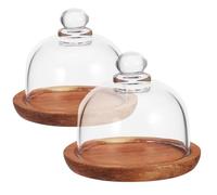 HANABASS Présentoir à Gâteaux Élégant et Compact Lot de 2 Pièces en Bois D'acacia Marron avec Dôme en Verre pour Fêtes et Usage Domestique