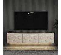 Hanah Home Élégant Support TV avec Option de Montage Mural, Finition marbre Travertine, 160 cm x 35 cm x 32 cm, revêtement en mélamine, épaisseur 18 mm, étagères Multiples pour Salon Moderne