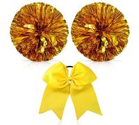 Hanaive Lot de 3 pompons de pom-pom girl et grand nœud métallique pour cheerleader - Fournitures pour esprit d'équipe, sport, danse (pompon doré, style classique)