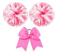 Hanaive Pompons de pom-pom girl et grand nœud pour cheveux pour fille, 30,5 cm, grands pompons métalliques de pom-pom girl pour le sport, l'esprit d'équipe (mélange rose et blanc, mat)