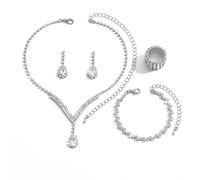 Hananoops Parure Bijoux pour Femme, 4PCS Ensemble de Bijoux de Strass Colliers Bracelets Boucles D'oreilles et Bagues, Élégantes Argent Bijoux de Cadeaux per Mère Femme Petite Amie (Argent)