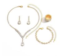 Hananoops Parure Bijoux pour Femme, 4PCS Ensemble de Bijoux de Strass Colliers Bracelets Boucles D'oreilles et Bagues, Élégantes Argent Bijoux de Cadeaux per Mère Femme Petite Amie (Or)