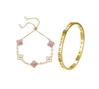 Hanaoops 2 Pièces Bracelets Femme Argent Or en Trefle à 4 Feuilles Zircon Cubique Réglable Bracelet Acier Inoxydable Plaqué Or 18 Carats Manchette Bracelet Etanches Empilables Ensemble Bijoux