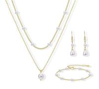 Hanaoops 3 Pièces Ensemble Bijoux de Perles en Fausses Plaqué Or Collier Boucles D'oreilles et Bracelet Parure Perles Longues Boucles D'oreilles Réglable Collier Parure Bijoux pour Femme Mariage (Or2)