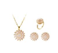 Hanaoops Ensemble de Bijoux pour Femme Parure Bijoux Zircon Cubique Inoxydable Plaqué Or 18K Boucles d'oreilles Bagues Collier Strass Fleur Pendantes Accessoires de Soirée (Or, Taille Unique)