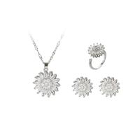 Hanaoops Ensemble de Bijoux pour Femme Parure Bijoux Zircon Cubique Inoxydable Plaqué Or 18K Boucles d'oreilles Bagues Collier Strass Fleur Pendantes Accessoires de Soirée (Argent, Taille Unique)