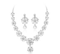 Hanaoops Ensemble de Bijoux pour Femmes Parure Bijoux Mariage 2 Pièces Réglable Pendentif Collier Boucles D'oreilles Floral Strass Faux Perle Chaîne Parure Ensemble (Argent, Taille Unique)