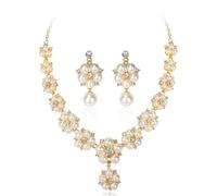 Hanaoops Ensemble de Bijoux pour Femmes Parure Bijoux Mariage 2 Pièces Réglable Pendentif Collier Boucles D'oreilles Floral Strass Faux Perle Chaîne Parure Ensemble (Or, Taille Unique)
