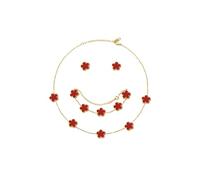 Hanaoops Ensemble de Bijoux Trèfle à Quatre Feuilles pour Femme Fille 18K Plaqué Or Acier Inoxydable Trèfle à Quatre Feuilles Collier Boucles d'oreilles Bracelet Set Délicat Réglable Cadeau (Red)
