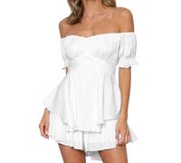 Hanaoops Femme Combinaison Été Casual Combishorts Courtes Taille Haute Jumpsuits Robe Barboteuse à Manches Bouffantes et Épaules Dénudées à Volants Rompers Fluide Sexy Barboteuses