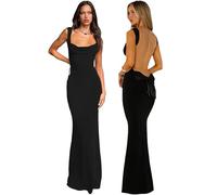 Hanaoops Femme Longue Sexy Dos Nu Bodycon Robe Maxi Sans Manches Col Rond Couleur Unie Elégant de Soirée Cocktail Club Party