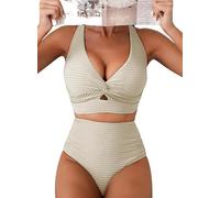 Hanaoops Femme Maillots de Bain Deux Pièces Bikini Torsadé Taille Haute Ensemble Push Up V-Cou Swimwear Haut Sexy Froncé Tankini Ensemble Bikini de Plage