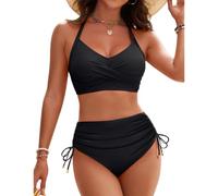 Hanaoops Femme Maillots de Bain Deux Pièces Push Up Taille Haute Bikini Set Sexy Crossover Wrap Haut de Bikini Split Amincissant Froncé Maillots Couleur Unie Col V Ensemble de Tankini de Plage