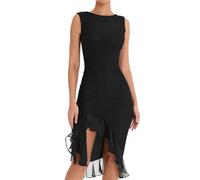 Hanaoops Femme Robe sans Manches Sexy Dos Nu Midi Robes col Rond Élégante Ourlet à Volants Bodycon Robes Froncée Tulle Dress de Club Cocktail Soirée