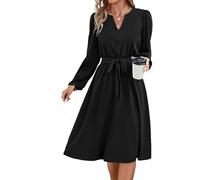 Hanaoops Midi Robe Décontractée Femmes à Manches Longues Taille Haute Ligne A Robe Chic Elegant Robes Col V Automne Hiver Robe Mi Longue avec Ceinture Noir Robe de Cocktail Casual Party Soirée