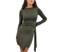 Hanaoops Mini Robe à Manches Longues pour Femme Sexy Robe Moulante Plissée Taille à Nouer Décontractée Col Rond Robe Courte Automne Hiver Chic Bodycon Dress pour Cocktail Soirée Fête Clubbing