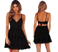 Hanaoops Mini Robe d'Été Femme Col en V Bretelles Spaghetti - Dos Nu Sans Manches Elegante Sexy Swing pour Plage, Vacances, Party