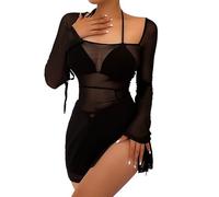 Hanaoops Robe de Plage Femme à Manches Longues Transparente en Tulle Mini Robe Sexy Bikini Cache Maillot de Bain Couvrir Semi-Transparent Été Noir Fendu Robes de Plage Cocktail