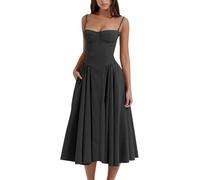 Hanaoops Robe de Soirée Cocktail Femme Chic et Elegant Été Robe à sans Manches Bretelles Spaghetti Corset Longue Taille Slim Fit Robes Casual A Line Swing Midi Robes Fête Plage Sexy Dress avec Poches