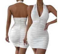 Hanaoops Robe de Soirée Sexy avec Col en V Moulante Mini Bodycon sans Manches Col Licou Elegant Charme Dos Nu Été Clubbing Nuit Cocktail Bal de Promo
