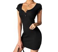 Hanaoops Robe d'été Femme à Manches Courtes Sexy Mini Robe Décontractée T-Shirt Robe Courte Col Carré Moulante en Tricot